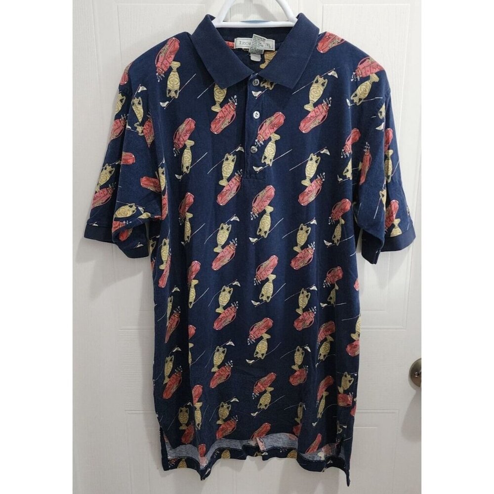 VTG IZOD Club Blue Golf AOP Navy Blue Short Sleeve Polo Shirt Size M 100% Cotton